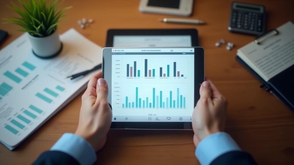 Main d'une personne utilisant une tablette pour analyser les graphiques de budget mensuel avec documents financiers étalés sur la table