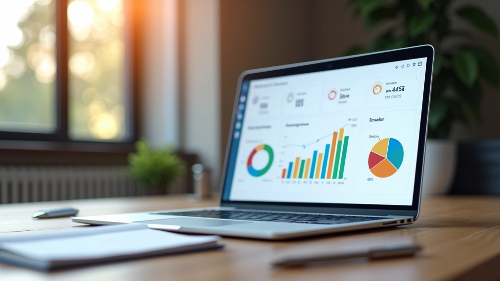 Ordinateur portable affichant tableau de bord financier avec graphiques en barres colorées, statistiques mensuelles et widgets de suivi budgétaire