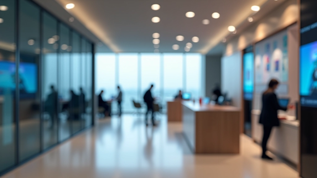 Banque moderne à Perpignan avec espace client, ordinateurs et écrans de transactions financières
