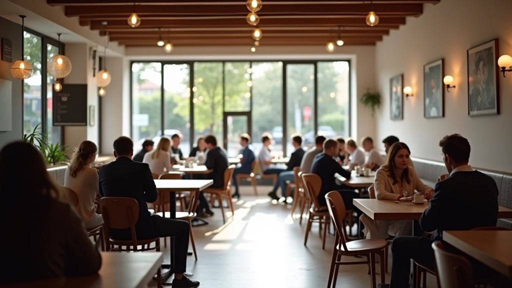Café moderne en Europe avec clients utilisant paiements sans contact sur terminal, ambiance numérique