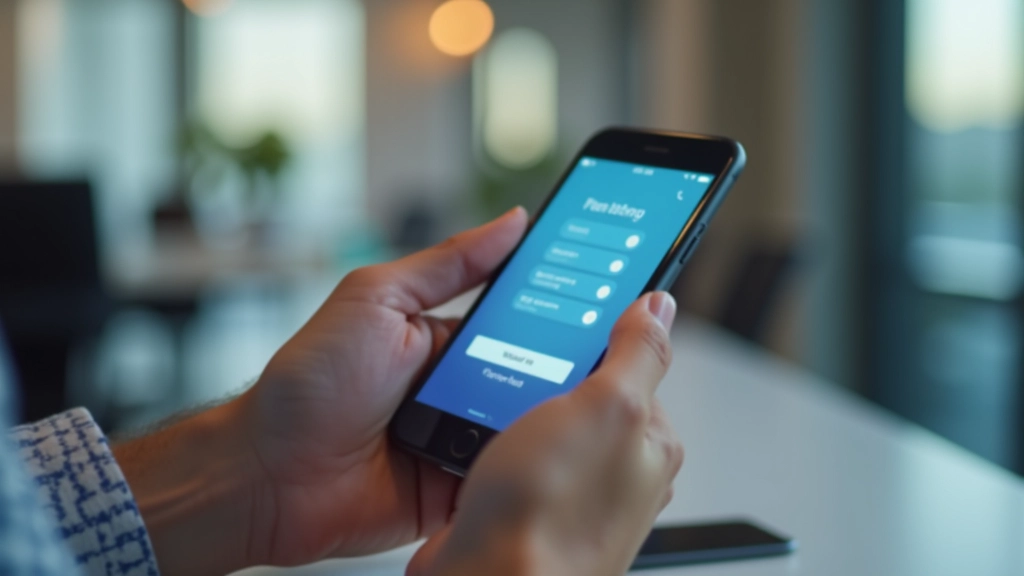Smartphone avec application bancaire sécurisée, mains en position de paiement, environnement de confiance