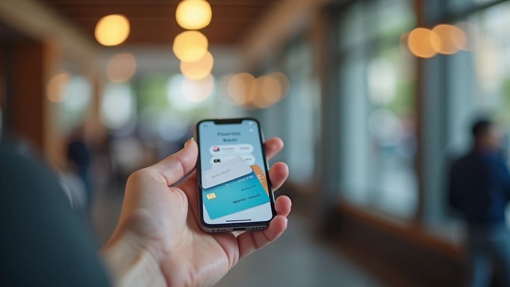Écran de smartphone affichant une application de portefeuille numérique avec icônes de cartes bancaires et bouton de paiement actif