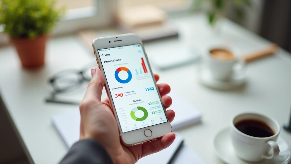 Écran de smartphone montrant une application de budgétisation avec graphiques de dépenses mensuelles et catégories de débours