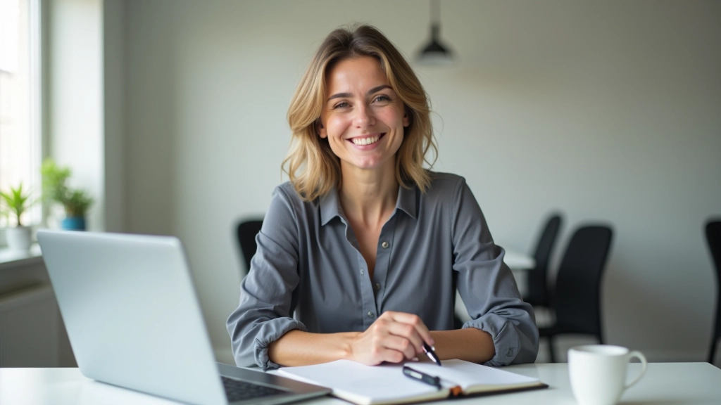 Femme souriante examinant ses économies mensuelles réussies via application bancaire moderne et intuitive