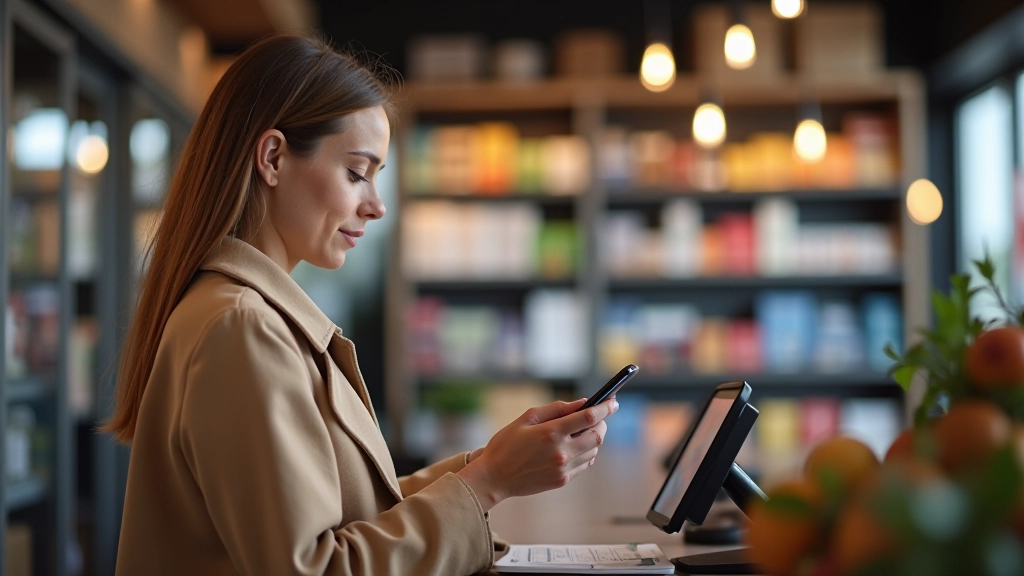Personne effectuant un paiement sans contact avec son téléphone sur un terminal de point de vente en magasin